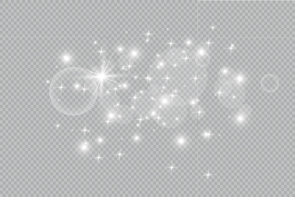 ほこり白。白い火花と金色の星が特別な光で輝きます。透明な背景に輝きます。クリスマスの抽象的なパターン。きらめく魔法の塵の粒子. - ベクター画像