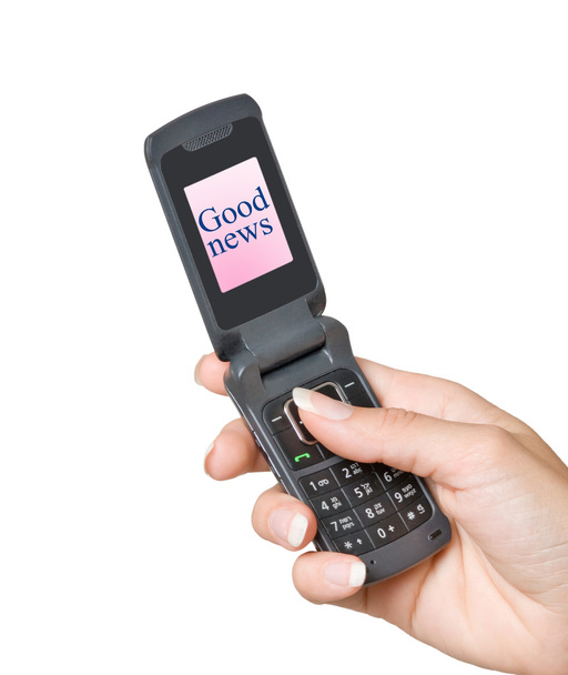 Telefone celular com etiqueta "Boas notícias" em sua tela
 - Foto, Imagem