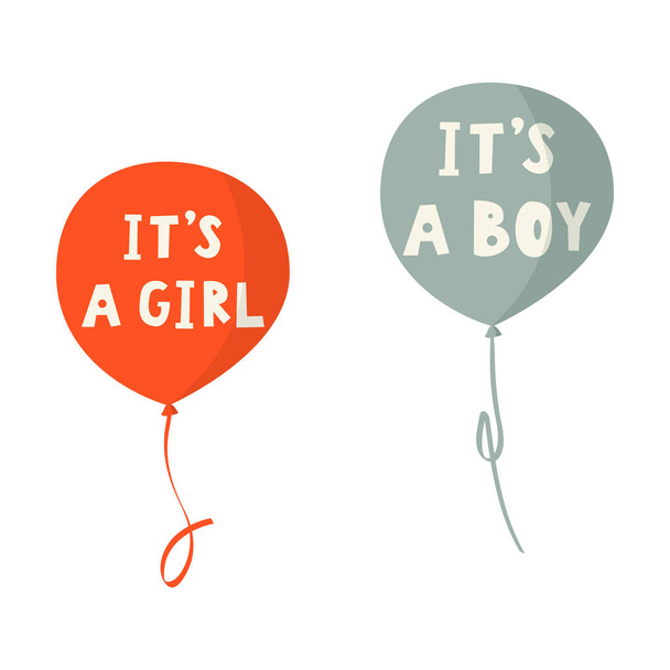 Bunte Luftballons. Es ist ein Junge und es ist ein Mädchen Vektor Hand gezogene Karte. - Vektor, Bild