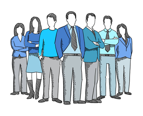 Business teamwork people sketch. Company business group office clerks. Staff and manager. Hand drawn. Hatched drawing picture. Blue suit. Vector. - Vector, afbeelding