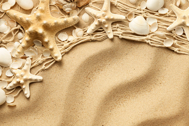 Coquillages et étoiles de mer sur fond de sable avec vagues et filet de pêche. Vue de dessus, plan plat
 - Photo, image