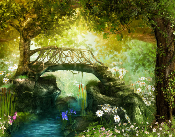 Magisch weelderig sprookjesbos met een betoverende brug over een beek, 3d render. - Foto, afbeelding