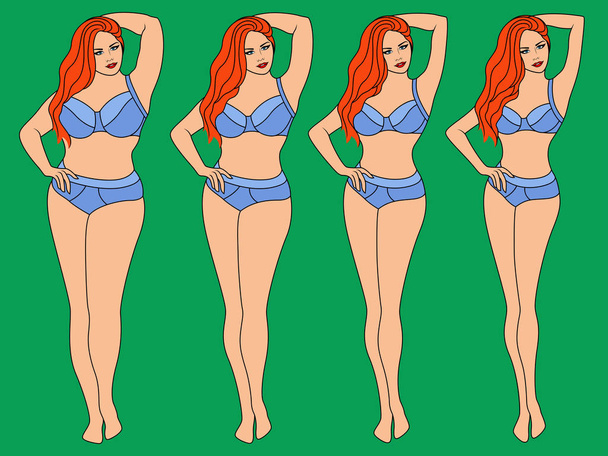 Beautiful woman on the way to lose weight in blue underwear, illustration isolated on green background - Вектор,изображение