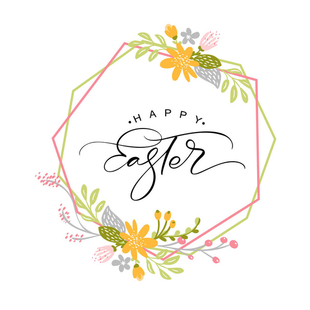 Boldog húsvéti évjárat vektor kalligráfia szöveg virágok keret és koszorú. Kézzel rajzolt húsvéti plakát. Modern kézzel írott kefe típus elszigetelt fehér háttér - Vektor, kép