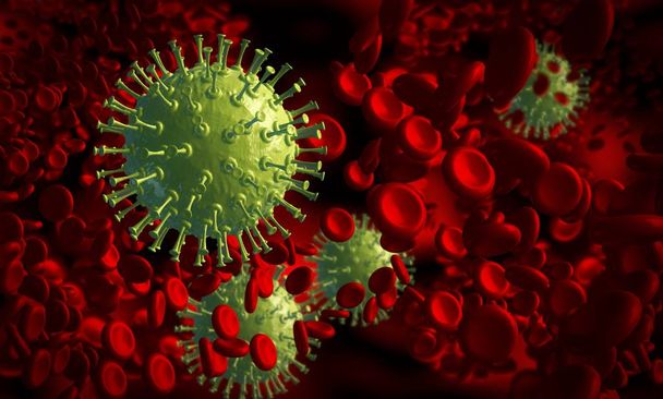 Virussen in bloed. Groen virus zweeft tussen rode bloedcellen. Digitale illustratie. - Foto, afbeelding