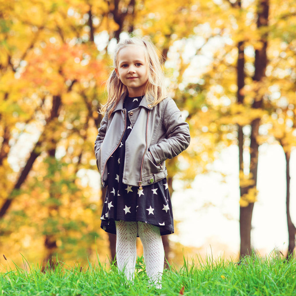 Portrét rozkošné holčičky na procházce v podzimním parku. Podzimní sezóna, móda, dětství. Malá stylová dívka si užívá podzimní slunečný den. Šťastné a zdravé dětství - Fotografie, Obrázek