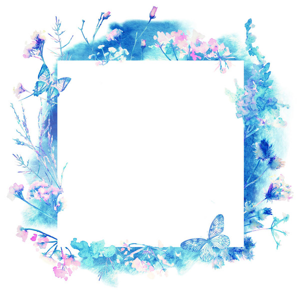Голубая акварельная открытка с цветущими цветами и птицами. Предыстория с местом для вашего выступления. Травяные, полевые цветы, иллюстрация
 - Фото, изображение