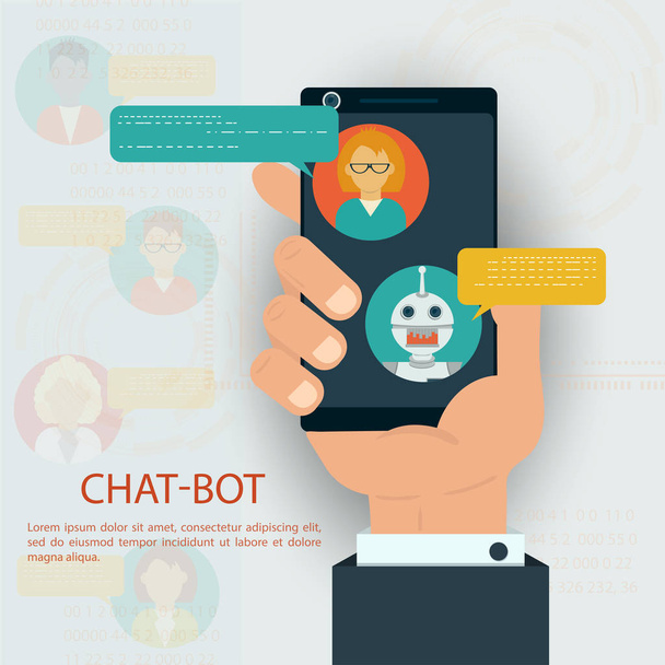Platte vormgeving, met een menselijke hand die een smartphone vasthoudt, chatbot met spraakbellen, kunstmatige intelligentie, communicatie, EPS 10 Vector-bestand - Vector, afbeelding