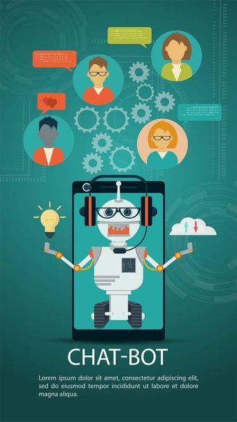 akıllı sohbet robotu afişi, vektör düz illüstrasyon, bir tablet veya akıllı telefon ekranında, yapay zeka konsepti, insanlar robotla ve kendileriyle iletişim kurarlar, tasarım - Vektör, Görsel