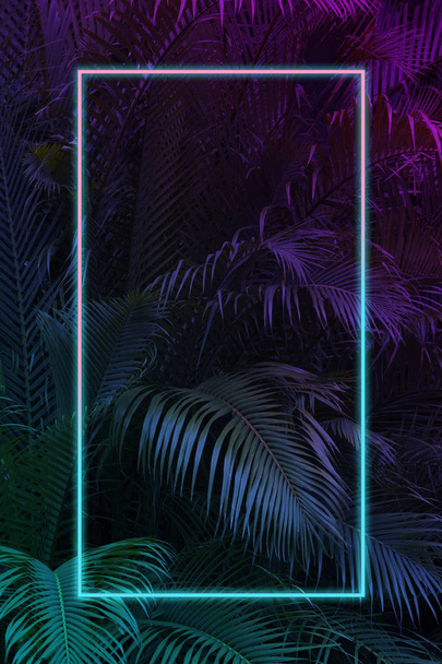 Tropical leaves with neon frame for background, palm leaves in blue and purple gradient - Foto, Bild