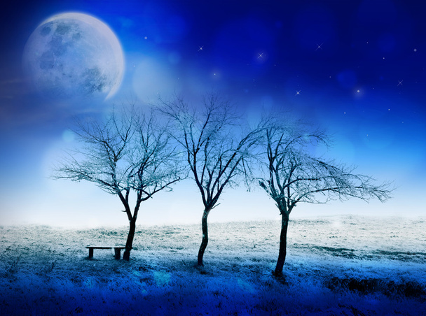 Winter night fairytale scene with moon, stars and snow. Can be used as Christmas or New Year card - Photo, Image