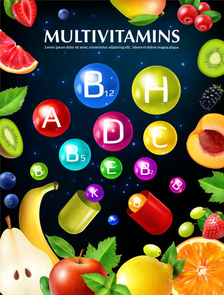 Vitaminok kiegészítők Realisztikus poszter  - Vektor, kép