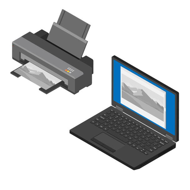 Realistic isometric laptop computer and printer. Print high quality photo paper - Foto, Imagen