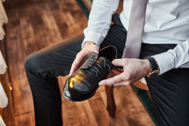 businessman clothes shoes, man getting ready for work,groom morning before wedding ceremony. Men Fashion - Fotó, kép