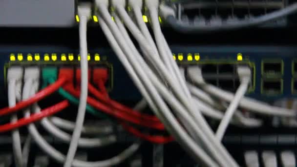 Detaily pracovního přepínače Ethernet, s konektory RJ 45, UTP kabely, manipulace od 10, 100, 1000 Mb / s. Pro klip. - Záběry, video