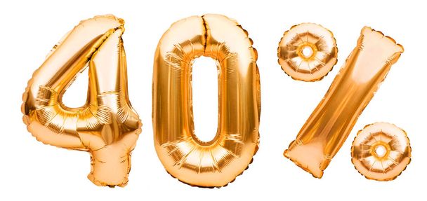 白色で隔離されたインフレータブル気球で作られた黄金の40%のサイン。ヘリウム風船金の箔番号。販売の装飾、黒の金曜日、割引の概念。40%オフ広告メッセージ - 写真・画像