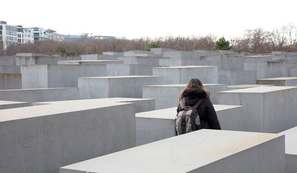 Berlin, Germany on december 30, 2019: Holocaust monument. View in the field from concrete slabs of the different size and height. City sights, tourist place - Фото, зображення