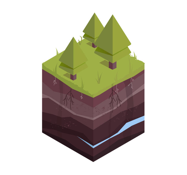  Underground layers of earth, groundwater, layers of grass. Cross section subterranean landscape. Isometric vector illustration. - Vector, Image