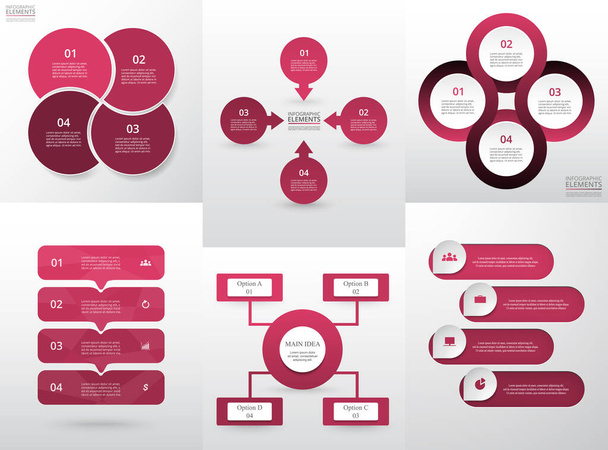 Bundle infografikai elemek adat vizualizáció. Vektorsablon 4 opcióval. Előadásokhoz, üzleti folyamatokhoz, munkafolyamatokhoz, diagramokhoz, folyamatábra koncepcióhoz, idővonalhoz, marketinghez, képzésekhez használható. - Vektor, kép