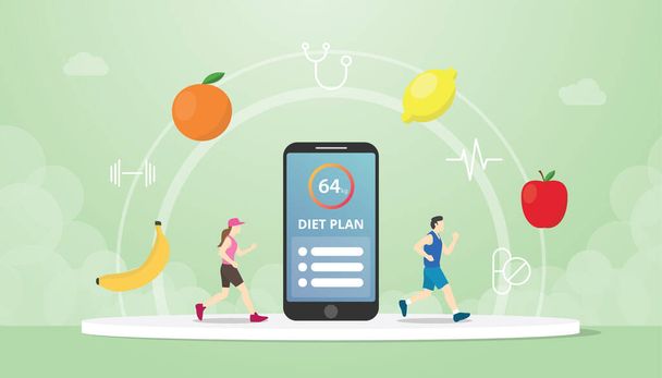 dietní plán koncepce aplikace tracker s kontrolním seznamem na smartphone a zdravé ovoce a ikona s moderním plochým stylem vektoru - Vektor, obrázek