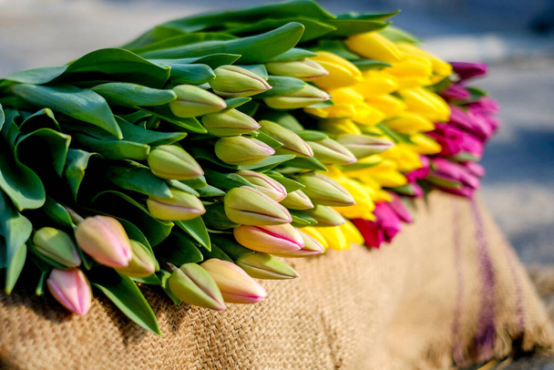 Veel tulpenboeketten op marktkramen. Verse snijbloemen te koop - Foto, afbeelding