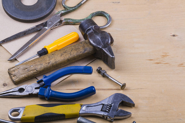 group of repair tools on wooden background - Zdjęcie, obraz