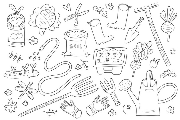 Colection of gardening and farmers tools, isolated doodle vector illustrations, garden gear, watering hose and can, pitchfork and rake. - Vektori, kuva