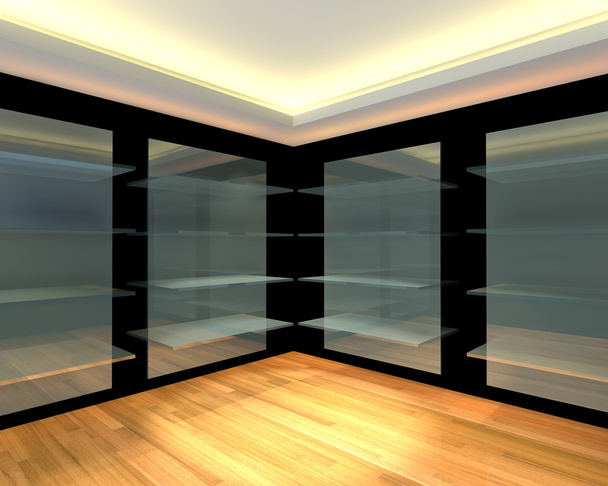 Скляні полиці в чорній порожній кімнаті
 - Фото, зображення