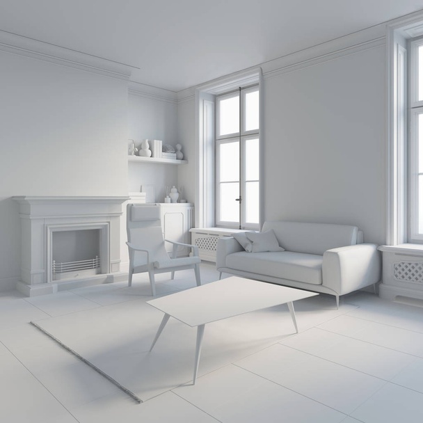Ilustração 3d. Aconchegante sala de estar interior com lareira em material de computador branco
 - Foto, Imagem