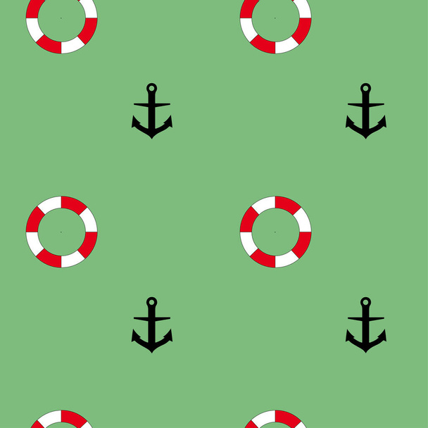 Sea summer seamless pattern: lifebuoys and anchors on a green background - Vector, Image