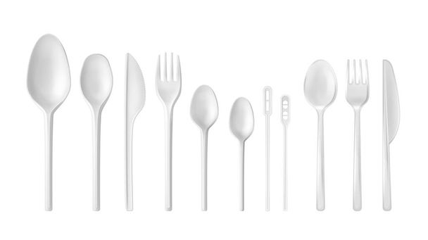 Ensemble de vaisselle jetable blanche et transparente réaliste vectorielle : cuillères, couteaux, fourchettes, cuillères à café isolées sur fond blanc
 - Vecteur, image