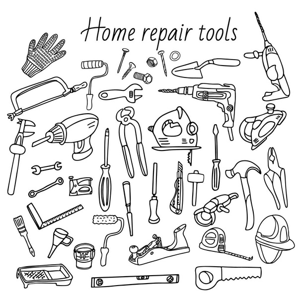 Gran conjunto de herramientas de reparación para el hogar en estilo doodle. Hay herramientas manuales y eléctricas, herramientas de pintura de pared y carpintería, diferentes destornilladores, taladros, martillos, pernos, clavos y tuercas, herramientas de medición
. - Vector, imagen