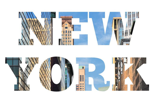 New York text sign - city name with background travel postcard photo. - Zdjęcie, obraz