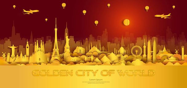Travel gold city landmarks of world Important architectural monuments of the world,Tourism with panoramic landscape paper cut style,Use for travel poster and postcard, wallpaper, Vector illustration. - Photo, Image