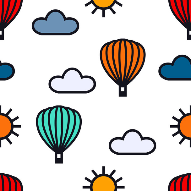 Zomer tijd Hete lucht ballonnen, wolken en zon Naadloos patroon Vector illustratie set - Vector, afbeelding