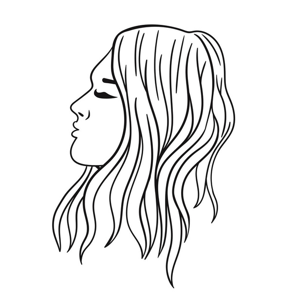 Frauenfrisur für langes Haar. Schwarze Umrisse auf weißem Hintergrund. Vektorbild. - Vektor, Bild