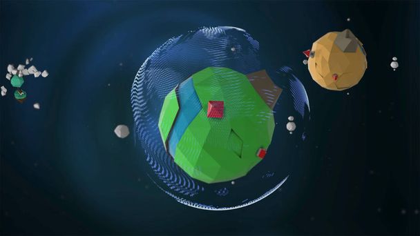 Polygonal style colored planets in alpha channel over dark background. - Photo, Image