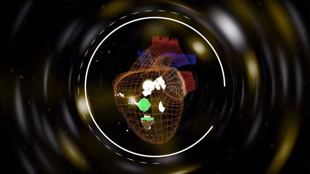 Animated tiny world spinning inside heart-shaped grid over techno waves illuminated background. - Photo, Image