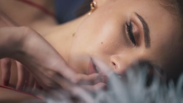 Blur effect portrait closeup woman lying touch face hand makeup eyes with fluffy long eyelashes iris pure skin passion sensual lips romantic female brunette hair style date cosmetic beauty product. - Footage, Video