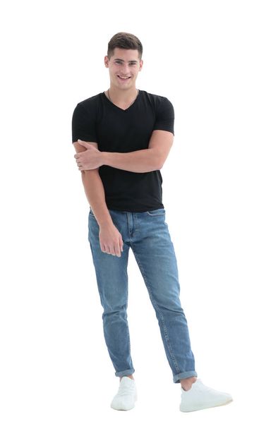 in full growth. casual smiling guy in black t-shirt - Foto, Imagen