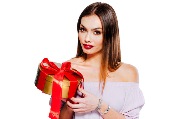 Beautiful young woman model with present box - Foto, Imagen