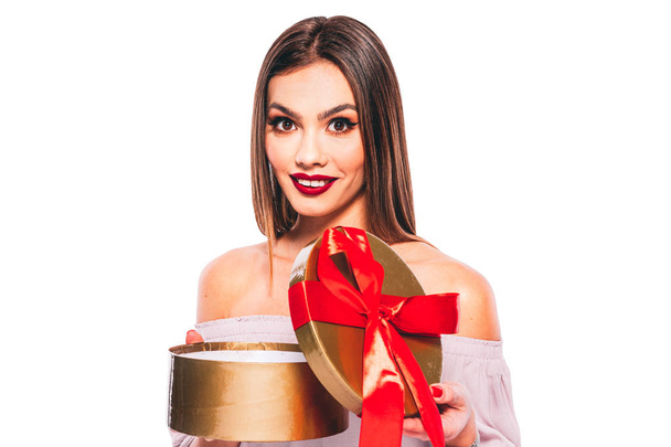 Beautiful young woman model with present box - Фото, изображение