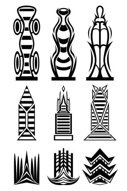 Een set van negen abstracte beelden van gebouwen van de toekomst. Een set pictogrammen ontworpen voor posters, websites en meer. Vectorillustratie. - Vector, afbeelding