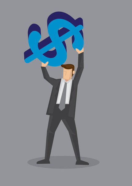 Karikaturist im Businessanzug hält auf grauem Hintergrund ein riesiges blaues Geldsymbol über seinem Kopf.  - Vektor, Bild