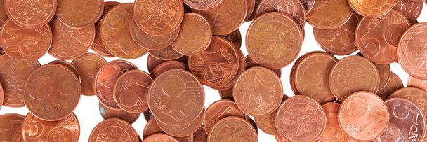 Πανοραμική εικόνα. Υπόβαθρο κερμάτων ενός, δύο και πέντε λεπτών ευρώ. Τέλος μικρών αλλαγών ή μετρητών - Φωτογραφία, εικόνα