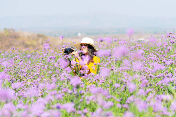 Podróżnik lub turystyka Azjatki stojące i trzymające aparat fotograficzny zrobić kwiat na fioletowym polu werbeny w czasie wakacji. Wolność ludzi i relaks na wiosennej łące. Koncepcja stylu życia - Zdjęcie, obraz