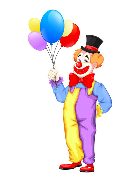 День дурака в апреле. Смешной клоун с воздушными шарами. Используется на День цирка. Веселый мультяшный персонаж. Векторная иллюстрация на белом фоне
 - Вектор,изображение