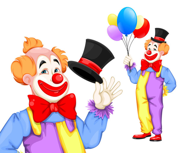 April Fool's day. Funny clown with hat and with balloons, set of two poses. Usable for Circus day. Cheerful cartoon character. Stock vector illustration on white background - Vector, Image