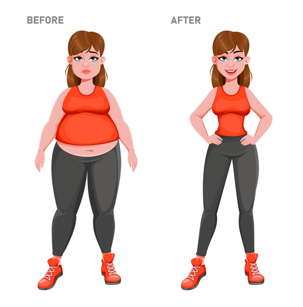 Nettes Mädchen vor und nach der Gewichtsabnahme. Übergewichtige und schlanke Zeichentrickfigur. Aktienvektor. - Vektor, Bild