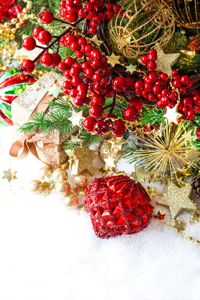 decoration with red baubles, golden garlands, christmas tree - 写真・画像
